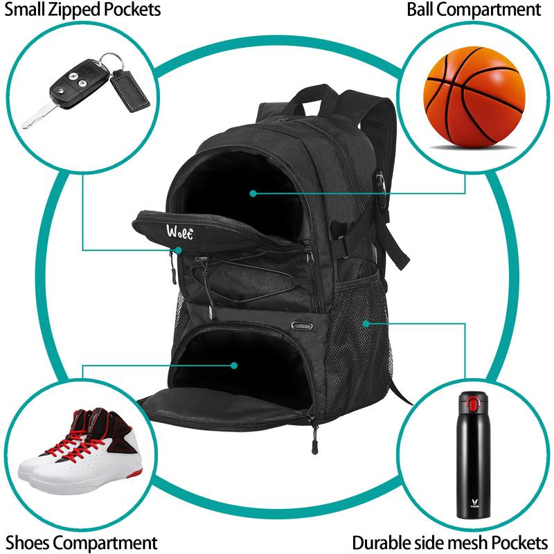WOLT Basketball Backpack - Large Sports Bag with Separate Ball Holder & Shoes Compartment, Best for Basketball, Soccer, Volleyball, Gym, Travel